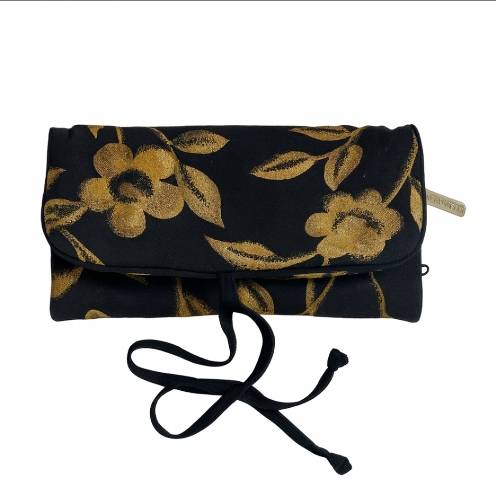Jones New York Black With Mustard Flowers Cosmetic Roll Case OS